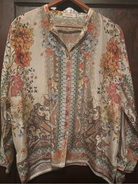 Johnny Was Floral Embroidered Button-Up Blouse - Cream, Orange, Green, Brown